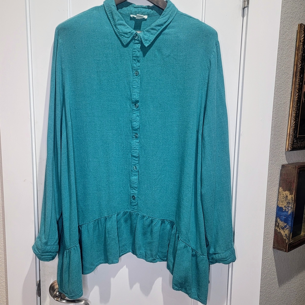 Romantic Teal Green Long Sleeve Ruffle Blouse